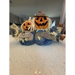 Vintage Gemmy Fiber Optic Lighted Pumpkin Scarecrow Couple 2004